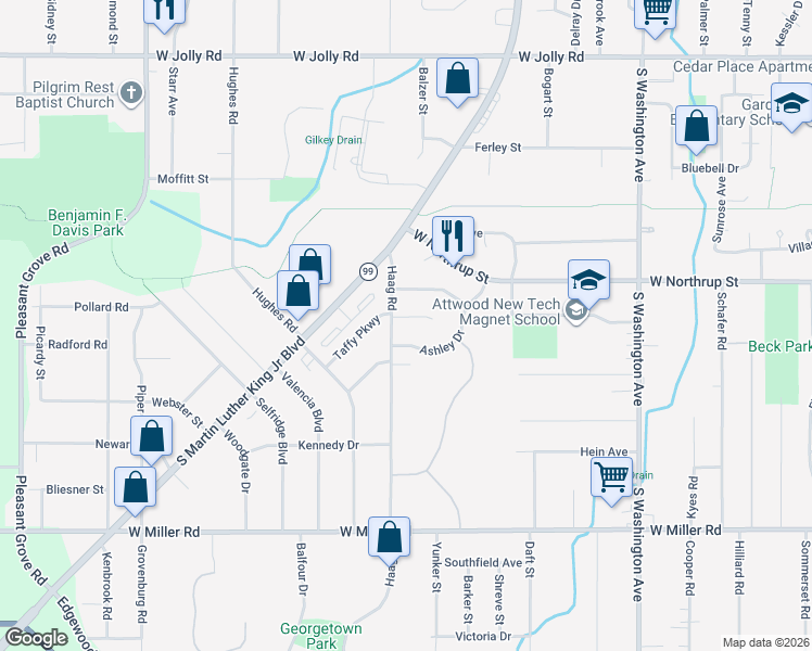 map of restaurants, bars, coffee shops, grocery stores, and more near 1411 Weymouth Court in Lansing