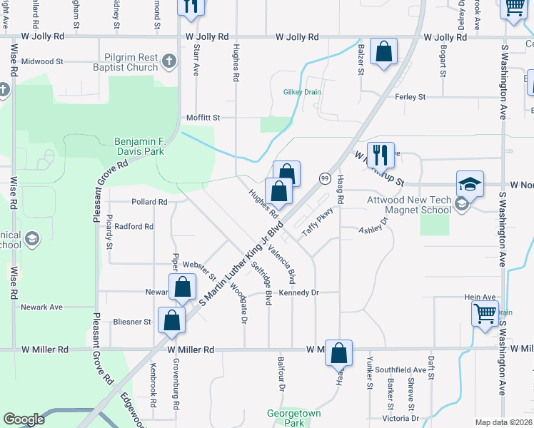map of restaurants, bars, coffee shops, grocery stores, and more near 5644 Hughes Road in Lansing