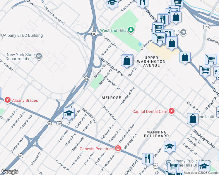 map of restaurants, bars, coffee shops, grocery stores, and more near 102 Clermont Street in Albany