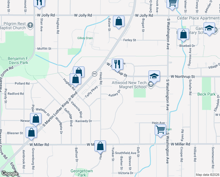 map of restaurants, bars, coffee shops, grocery stores, and more near 1411 Weymouth Court in Lansing