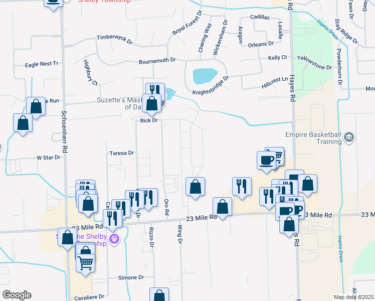 map of restaurants, bars, coffee shops, grocery stores, and more near 51505 West End Drive in Macomb County