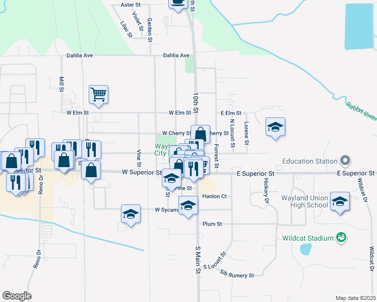 map of restaurants, bars, coffee shops, grocery stores, and more near 118 West Maple Street in Wayland