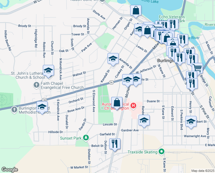 map of restaurants, bars, coffee shops, grocery stores, and more near 349 West State Street in Burlington