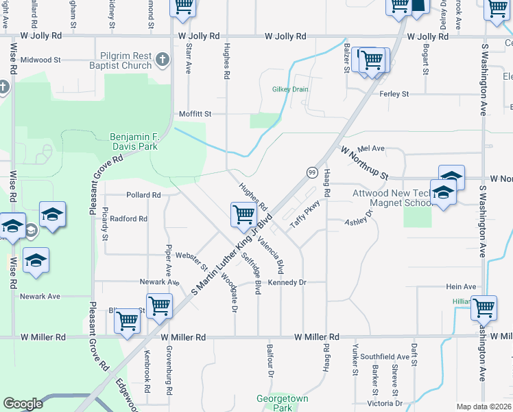 map of restaurants, bars, coffee shops, grocery stores, and more near 5644 Hughes Road in Lansing