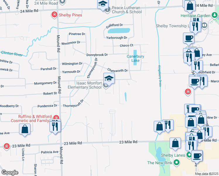 map of restaurants, bars, coffee shops, grocery stores, and more near 6700 Montgomery Drive in Shelby Township