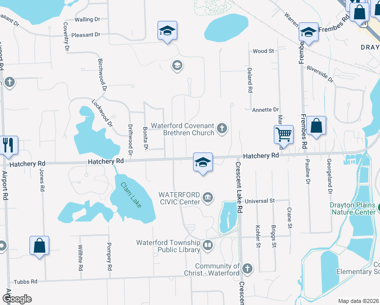 map of restaurants, bars, coffee shops, grocery stores, and more near 5200 Hatchery Rd in Waterford Township