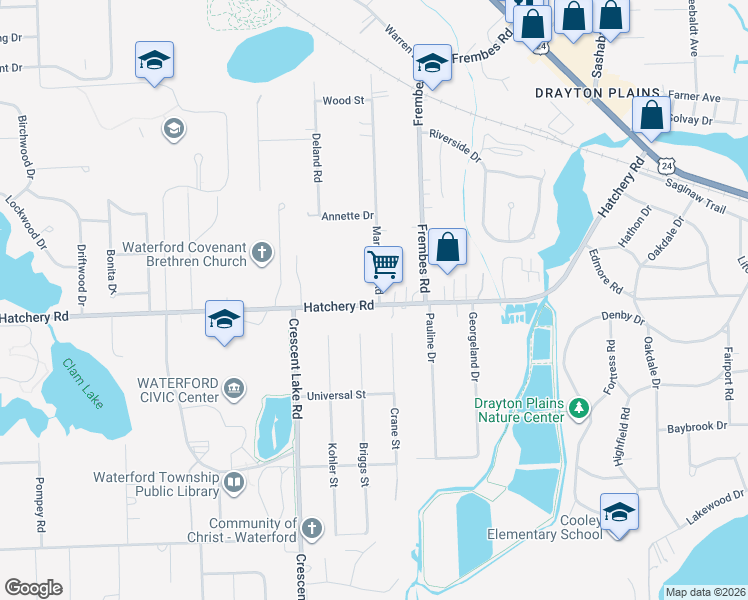 map of restaurants, bars, coffee shops, grocery stores, and more near 4882 Hatchery Road in Waterford Township