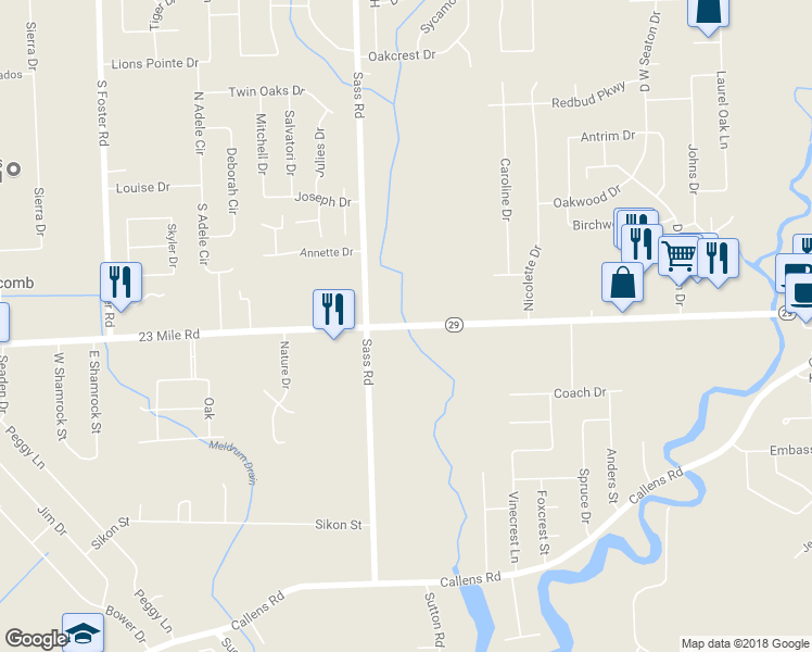 map of restaurants, bars, coffee shops, grocery stores, and more near 32151 23 Mile Road in New Baltimore