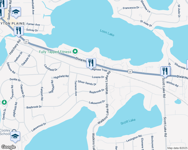map of restaurants, bars, coffee shops, grocery stores, and more near 3570 Lorena Drive in Waterford Township