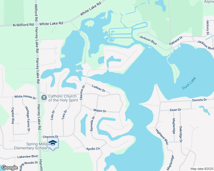 map of restaurants, bars, coffee shops, grocery stores, and more near 1611 Ludean Drive in Highland Charter Township
