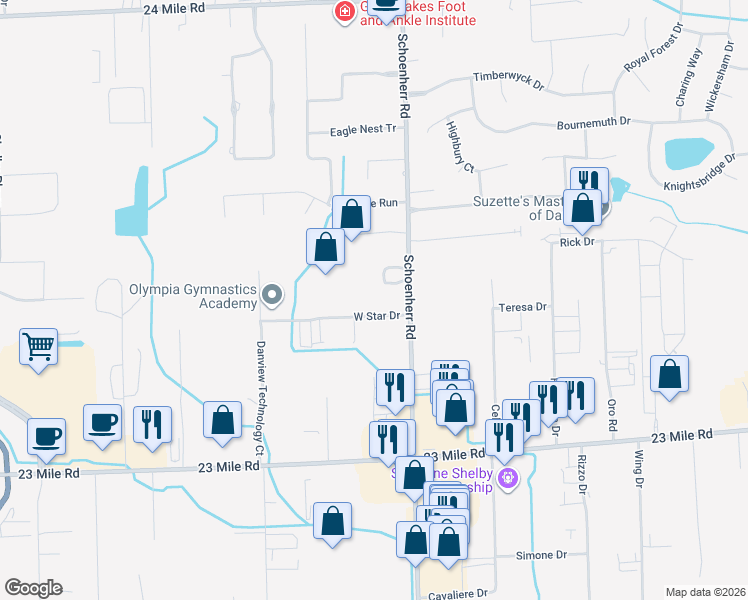 map of restaurants, bars, coffee shops, grocery stores, and more near 13399 W Star Dr in Shelby Township