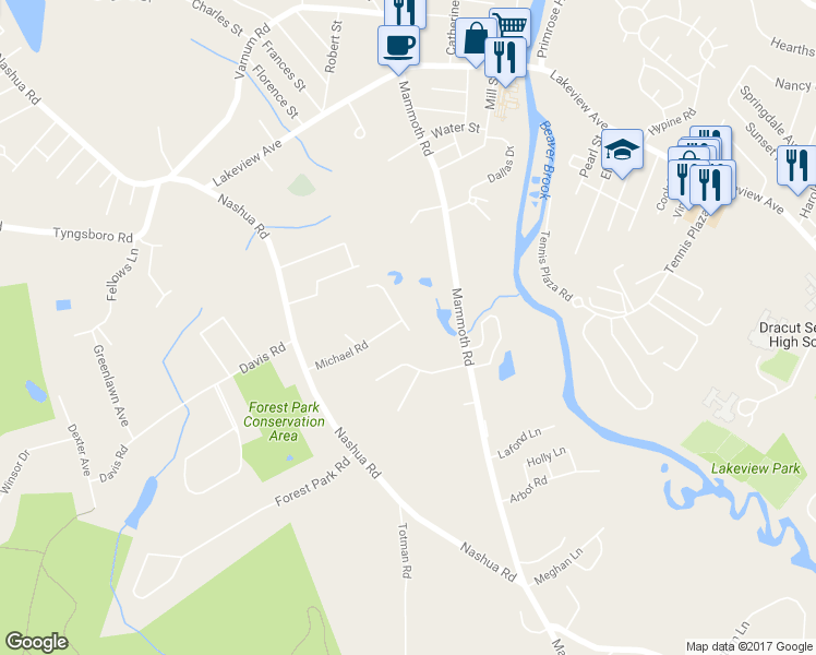map of restaurants, bars, coffee shops, grocery stores, and more near 44 Kathy Avenue in Dracut