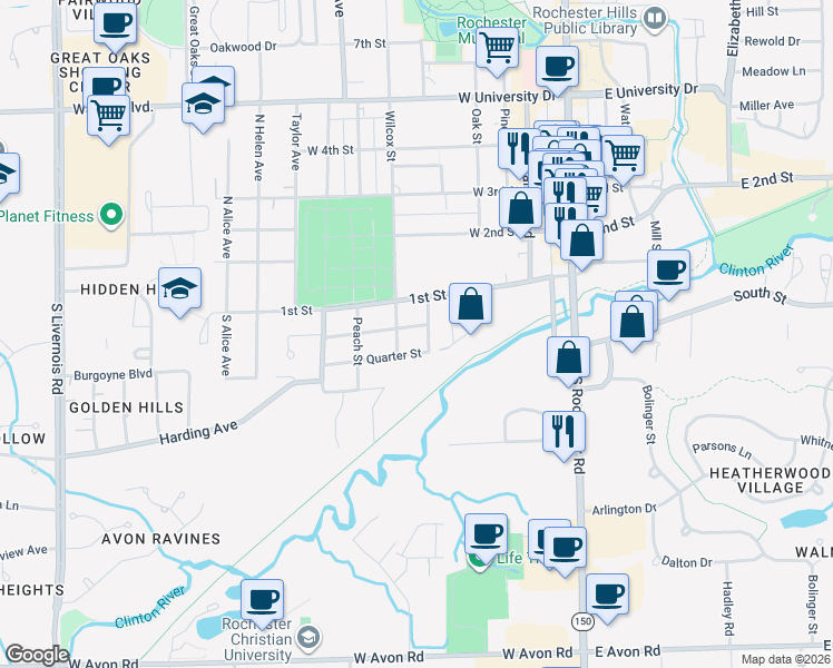 map of restaurants, bars, coffee shops, grocery stores, and more near 221 Hacker Street in Rochester