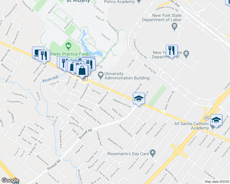 map of restaurants, bars, coffee shops, grocery stores, and more near 1110 Western Avenue in Albany