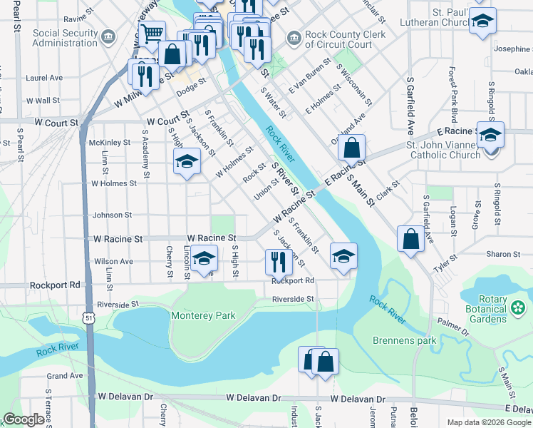map of restaurants, bars, coffee shops, grocery stores, and more near 437 South Jackson Street in Janesville