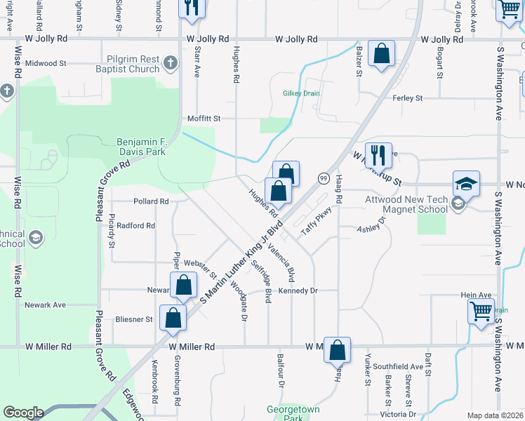 map of restaurants, bars, coffee shops, grocery stores, and more near 5644 Hughes Road in Lansing