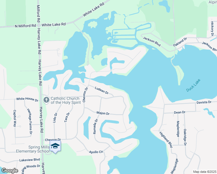 map of restaurants, bars, coffee shops, grocery stores, and more near 1611 Ludean Drive in Highland Charter Township