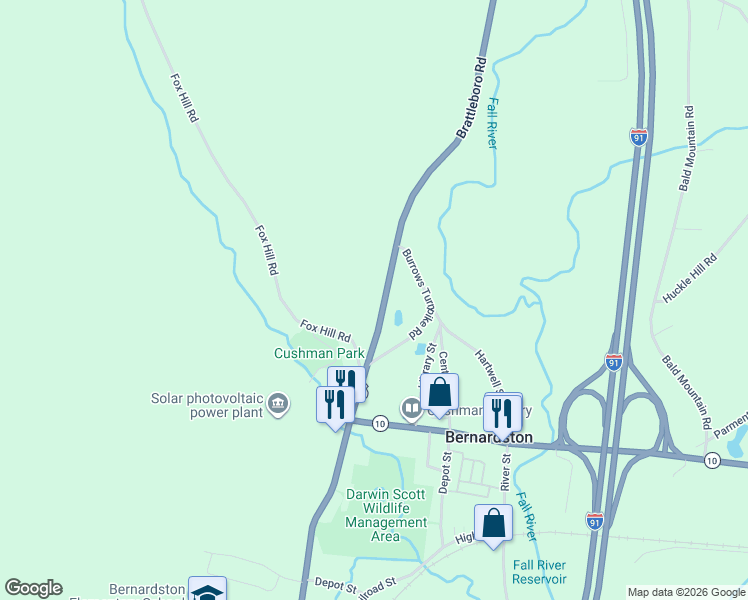 map of restaurants, bars, coffee shops, grocery stores, and more near 32 Brattleboro Road in Bernardston