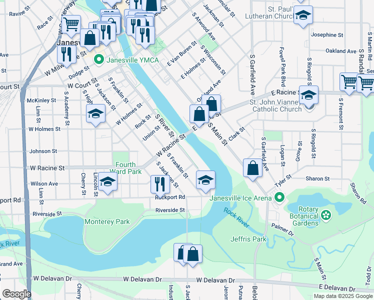map of restaurants, bars, coffee shops, grocery stores, and more near 555 South River Street in Janesville
