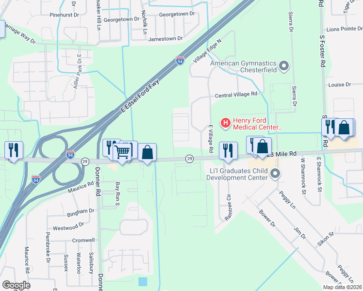 map of restaurants, bars, coffee shops, grocery stores, and more near 29722 Amy Lane in New Baltimore