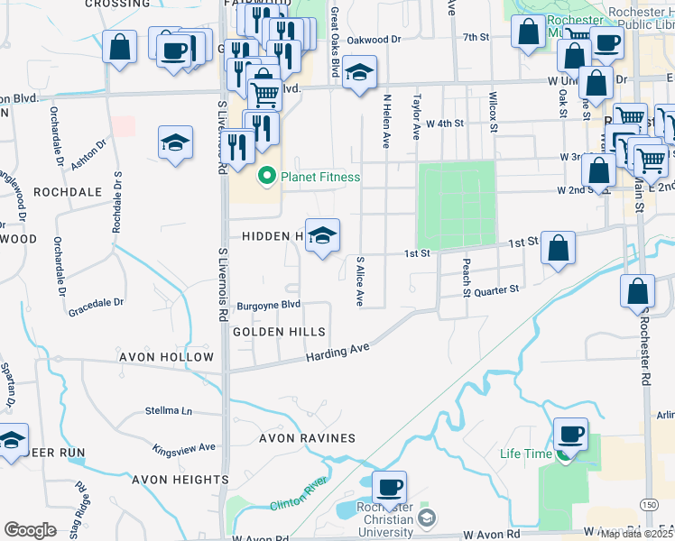 map of restaurants, bars, coffee shops, grocery stores, and more near 1101 1st Street in Rochester