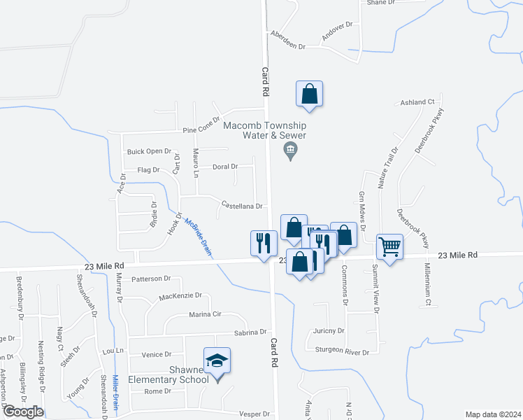 map of restaurants, bars, coffee shops, grocery stores, and more near 21770 Castellana Drive in Macomb