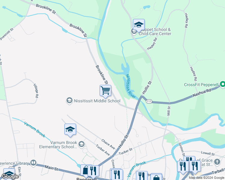 map of restaurants, bars, coffee shops, grocery stores, and more near 19 Brookline Street in Pepperell