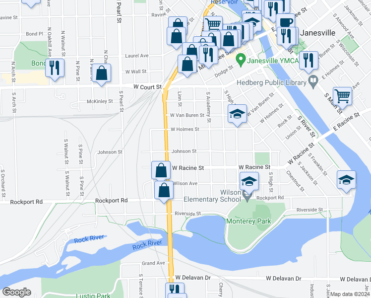 map of restaurants, bars, coffee shops, grocery stores, and more near 820 Johnson Street in Janesville