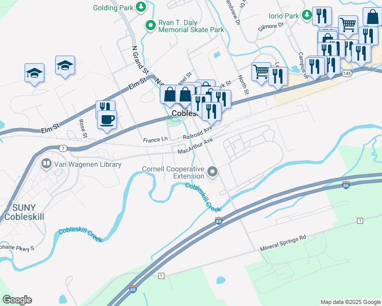 map of restaurants, bars, coffee shops, grocery stores, and more near 108 Florence Street in Cobleskill