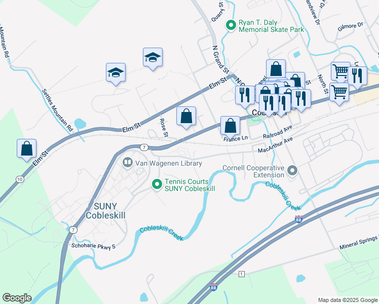 map of restaurants, bars, coffee shops, grocery stores, and more near 141 Macarthur Avenue in Cobleskill
