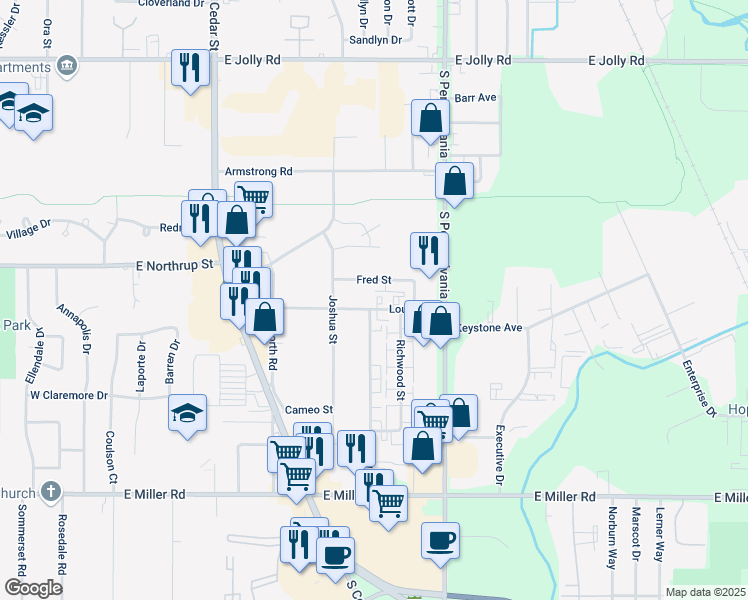 map of restaurants, bars, coffee shops, grocery stores, and more near 5700 Orchard Court in Lansing
