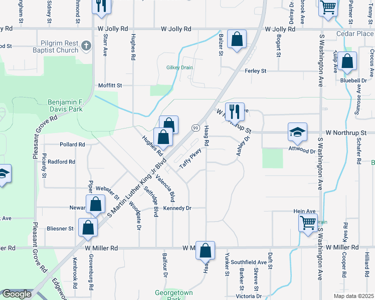 map of restaurants, bars, coffee shops, grocery stores, and more near 5505 South Martin Luther King Junior Boulevard in Lansing