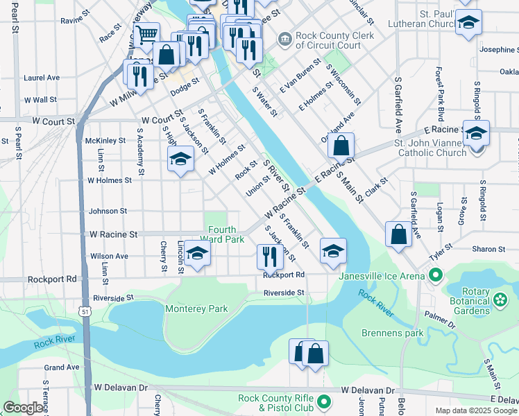 map of restaurants, bars, coffee shops, grocery stores, and more near 437 South Jackson Street in Janesville
