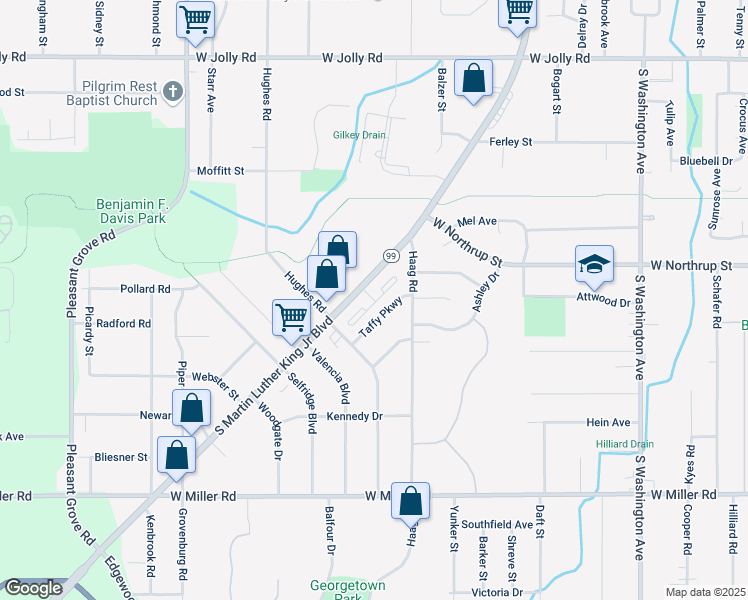 map of restaurants, bars, coffee shops, grocery stores, and more near 5505 South Martin Luther King Junior Boulevard in Lansing