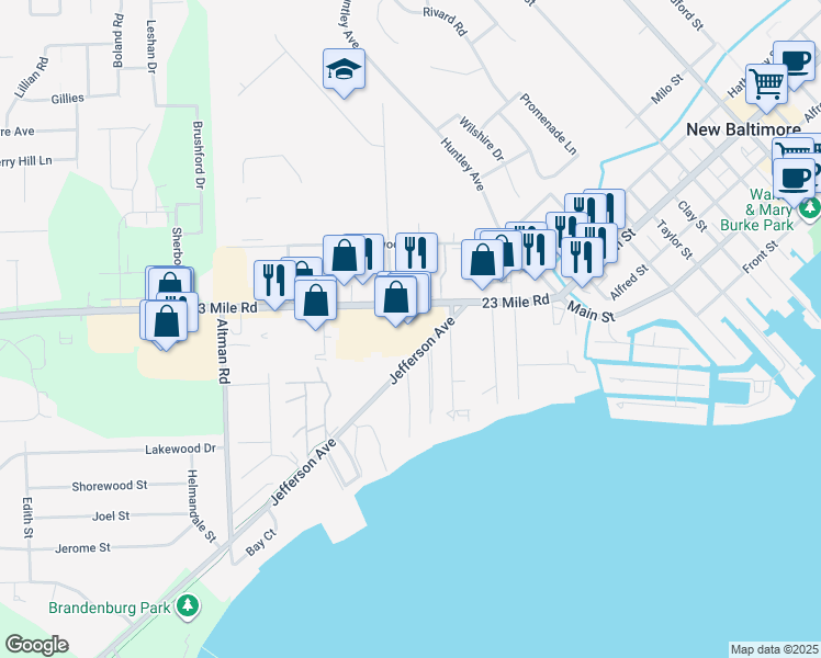map of restaurants, bars, coffee shops, grocery stores, and more near 35292 23 Mile Road in New Baltimore