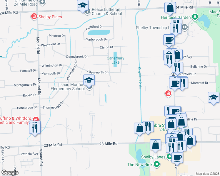 map of restaurants, bars, coffee shops, grocery stores, and more near 6948 Montgomery Drive in Macomb County