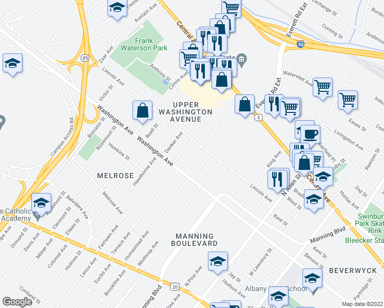 map of restaurants, bars, coffee shops, grocery stores, and more near 15 Ver Planck Street in Albany