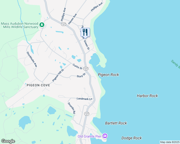 map of restaurants, bars, coffee shops, grocery stores, and more near 155 Granite Street in Rockport
