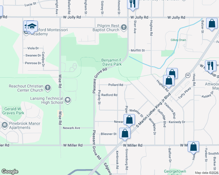 map of restaurants, bars, coffee shops, grocery stores, and more near 2320 Radford Road in Lansing