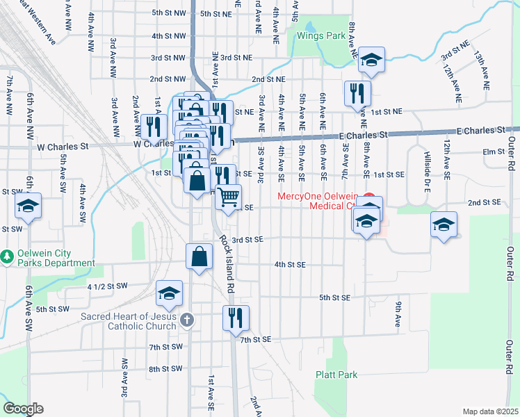 map of restaurants, bars, coffee shops, grocery stores, and more near 200 3rd Avenue Southeast in Oelwein