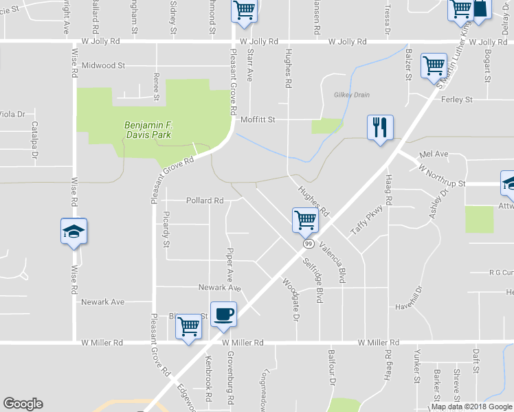 map of restaurants, bars, coffee shops, grocery stores, and more near 5711 Selfridge Boulevard in Lansing