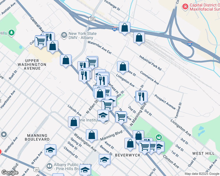 map of restaurants, bars, coffee shops, grocery stores, and more near 95 Hunter Avenue in Albany