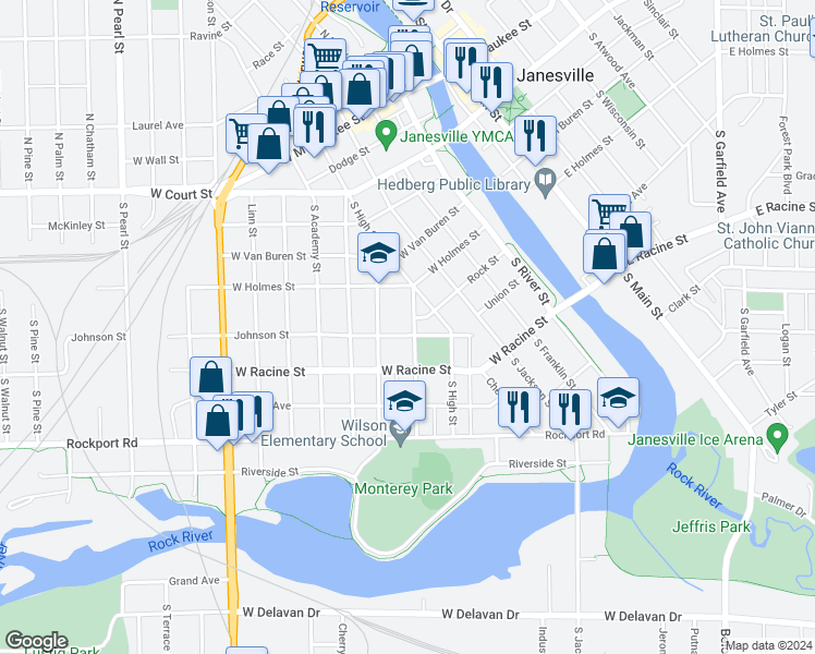 map of restaurants, bars, coffee shops, grocery stores, and more near 334 Park Avenue in Janesville
