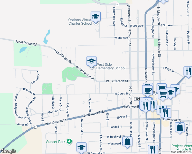 map of restaurants, bars, coffee shops, grocery stores, and more near 222 Sunset Drive in Elkhorn