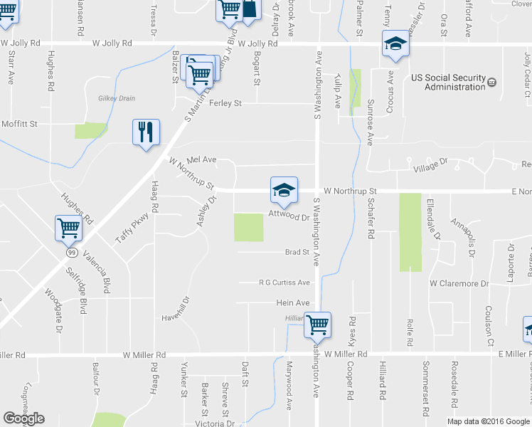map of restaurants, bars, coffee shops, grocery stores, and more near 1001 Attwood Drive in Lansing