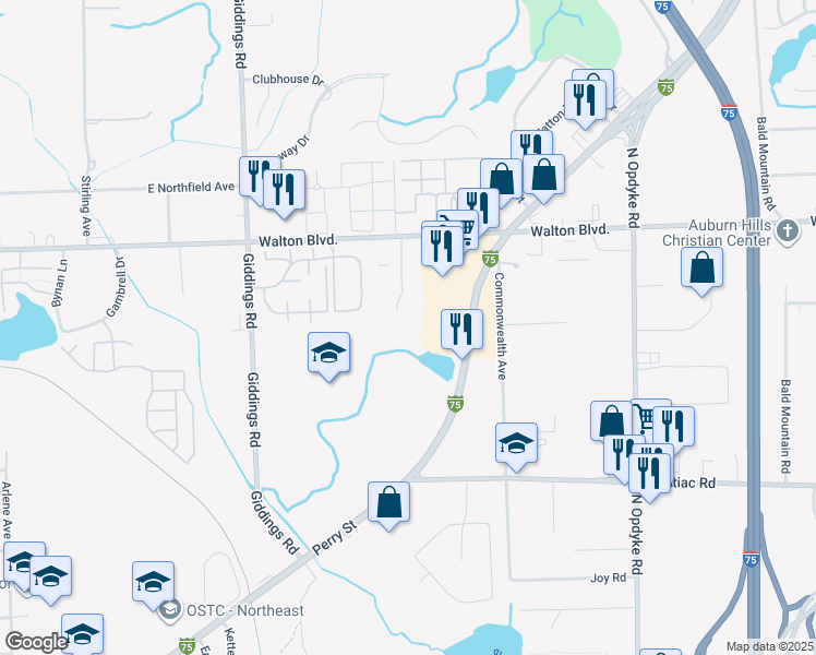 map of restaurants, bars, coffee shops, grocery stores, and more near 1200 Colony Lane in Pontiac