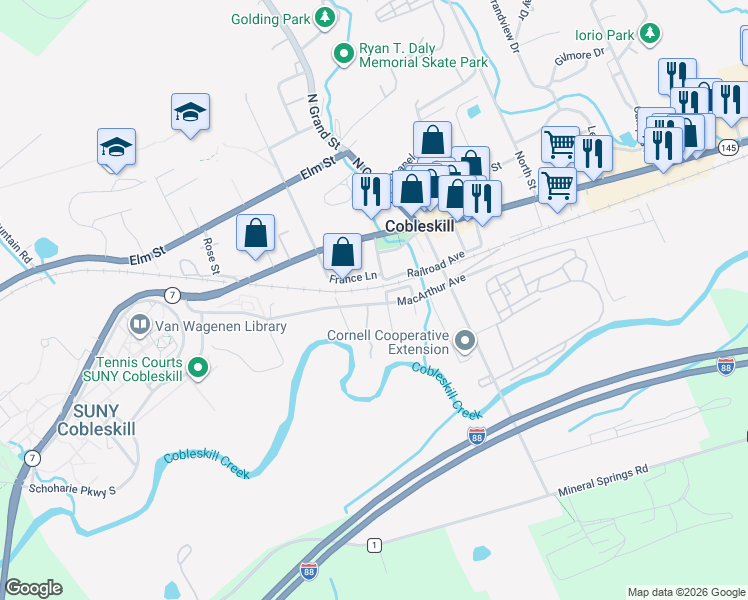 map of restaurants, bars, coffee shops, grocery stores, and more near 104 Grove Street in Cobleskill