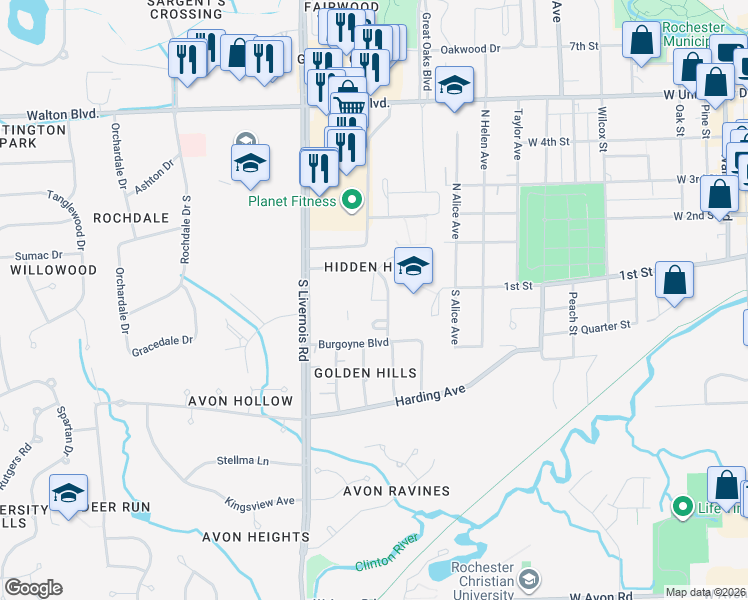 map of restaurants, bars, coffee shops, grocery stores, and more near 424 Willow Grove Lane in Rochester Hills