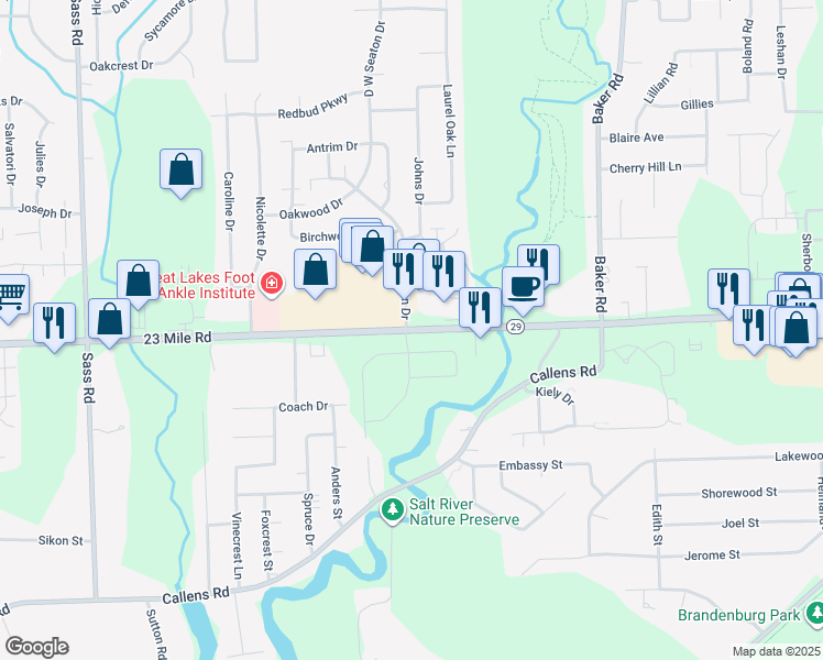map of restaurants, bars, coffee shops, grocery stores, and more near 33274 23 Mile Road in New Baltimore
