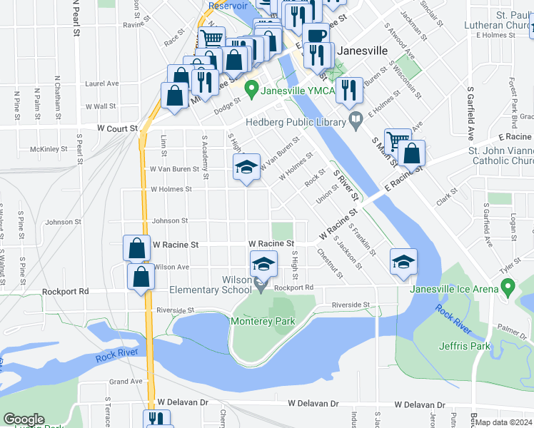 map of restaurants, bars, coffee shops, grocery stores, and more near 332 Park Avenue in Janesville